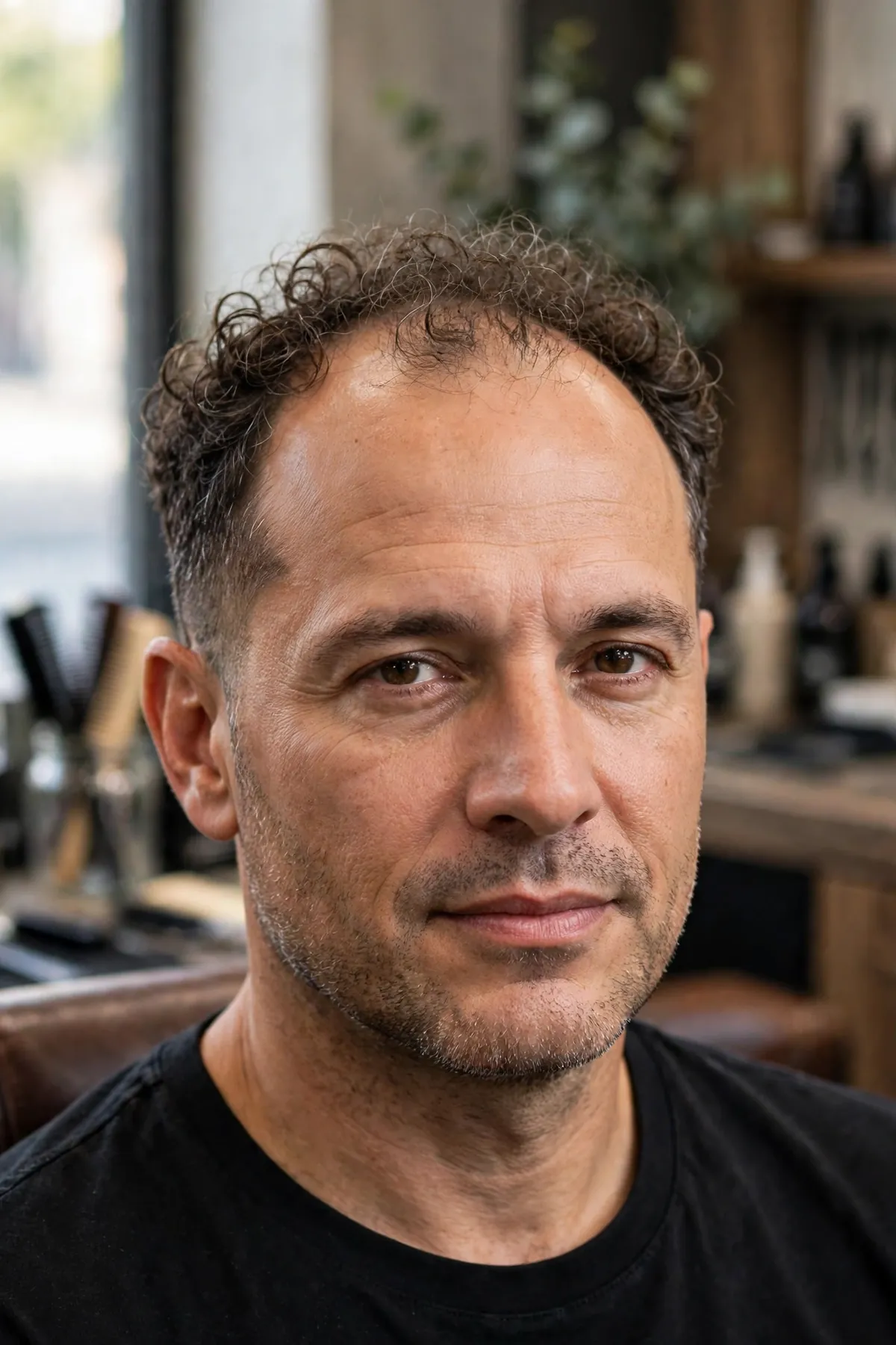 Curly short top haircut for balding men with curly hair, short curls adding fullness to thinning hair