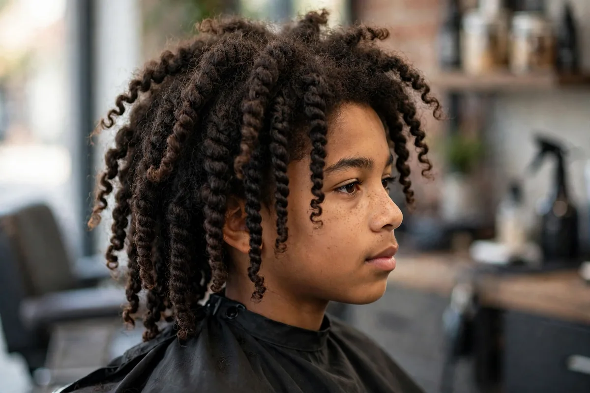 Photorealistic photo of a boy with a twist-out longer style, defined twisted coils with length on top and clean shaped sides, confident modern barbershop styling. A rich longer boys hairstyle with texture.