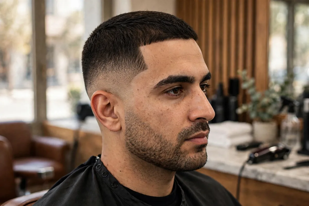 Low skin fade haircut with sharp lineup, crisp edges at the hairline and temples, short top, low skin fade