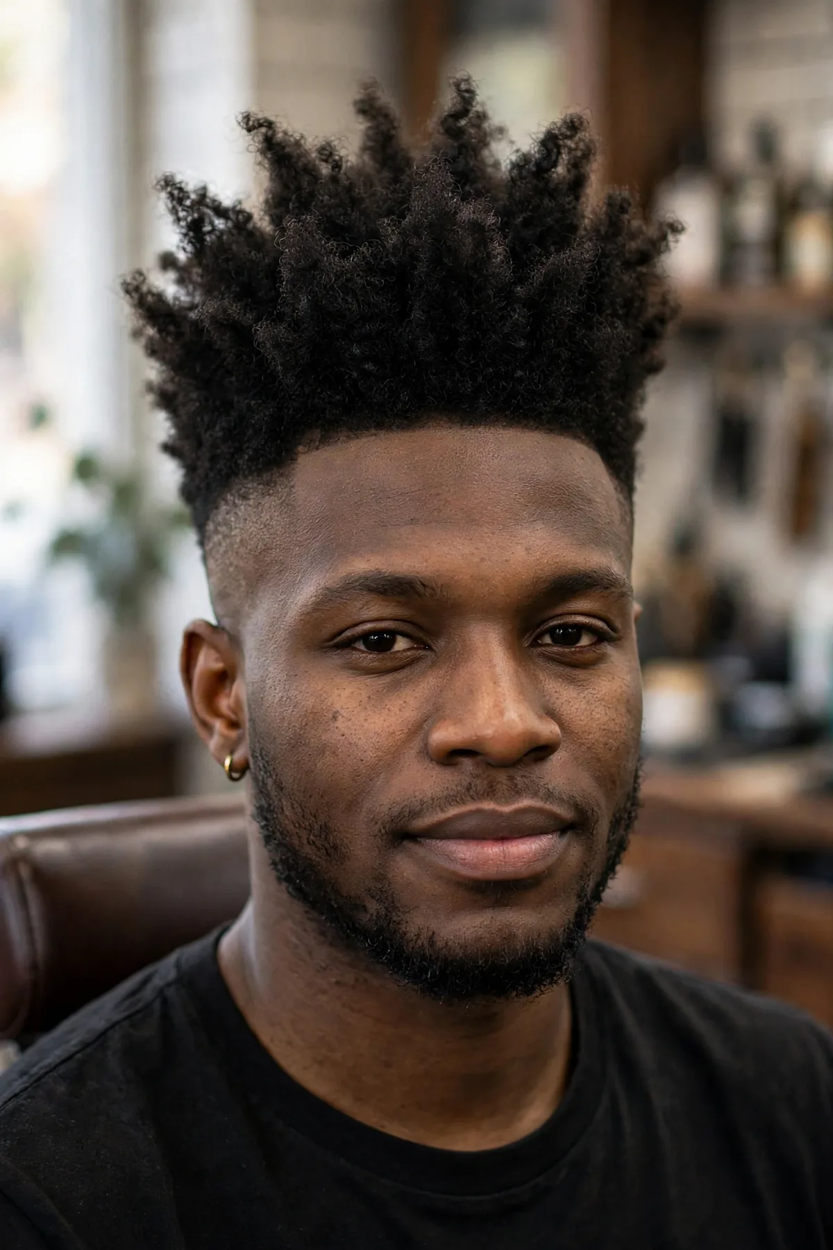 High top haircut with a low fade, tall coily top with the fade kept low near the ears, clean barbershop photo