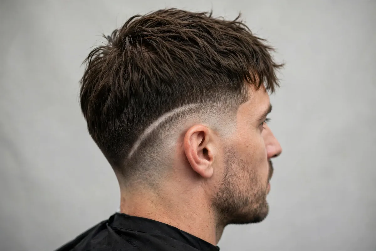 French crop with mid drop fade haircut, textured short fringe barber photo