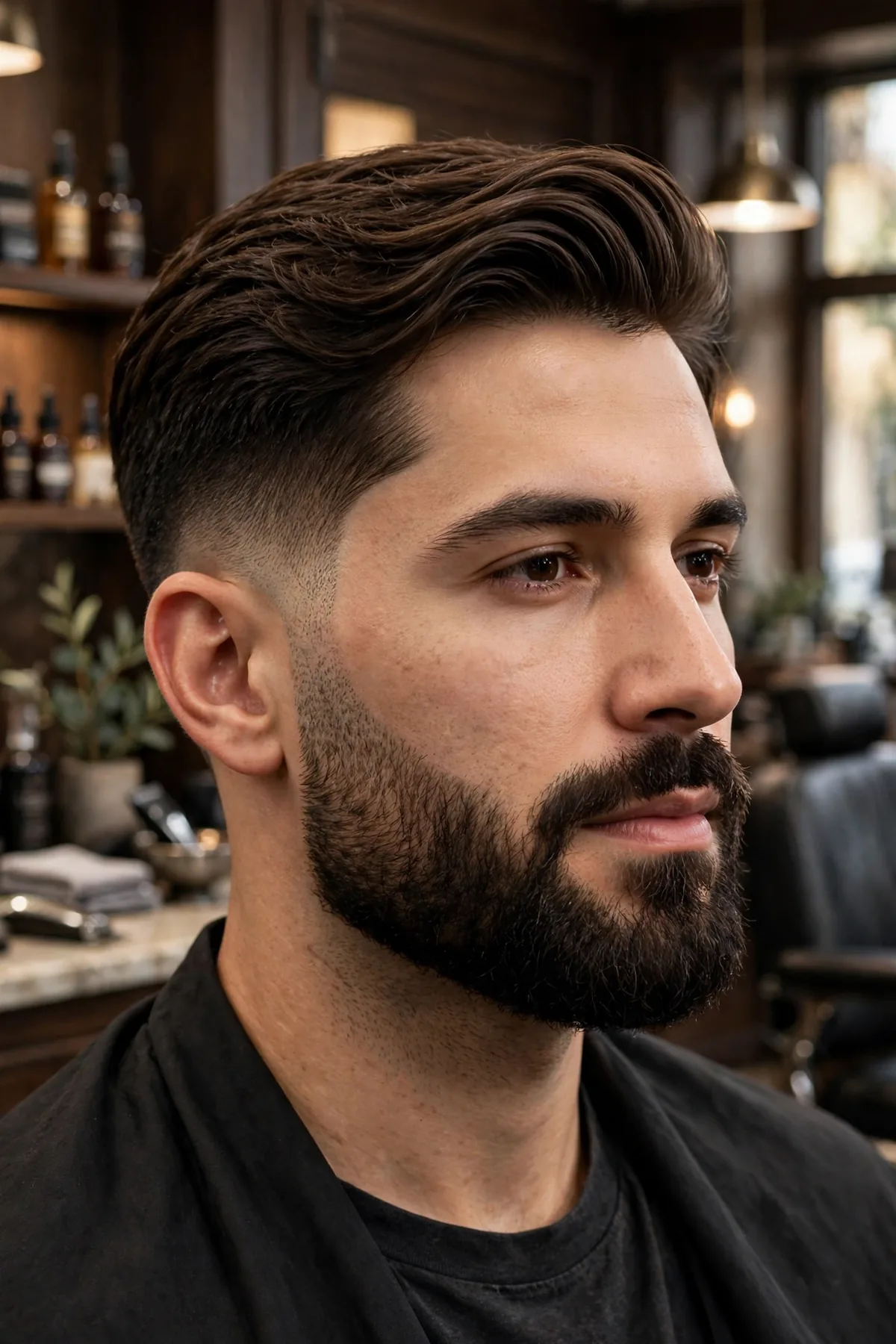 Shadow fade with beard for men, faded sides melting into a full groomed beard, seamless stubble transition, masculine polished look