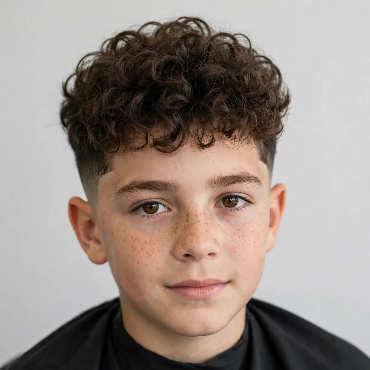 Curly top haircut on a 10 year old boy with faded sides, a great curly boys haircut