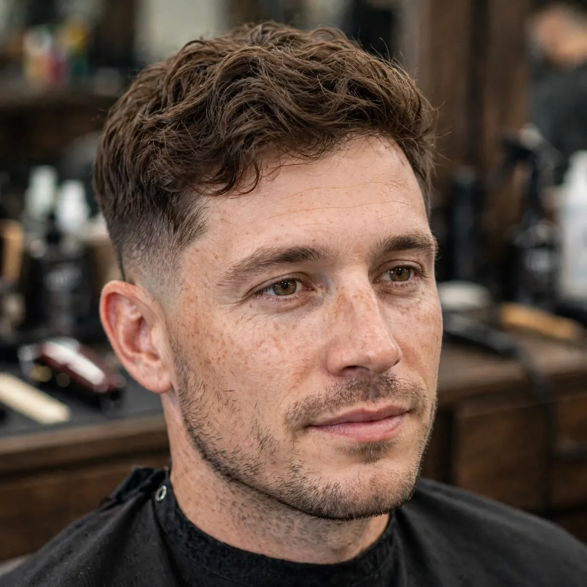 Short wavy textured haircut with natural waves on top and faded sides, an easy simple haircut for men