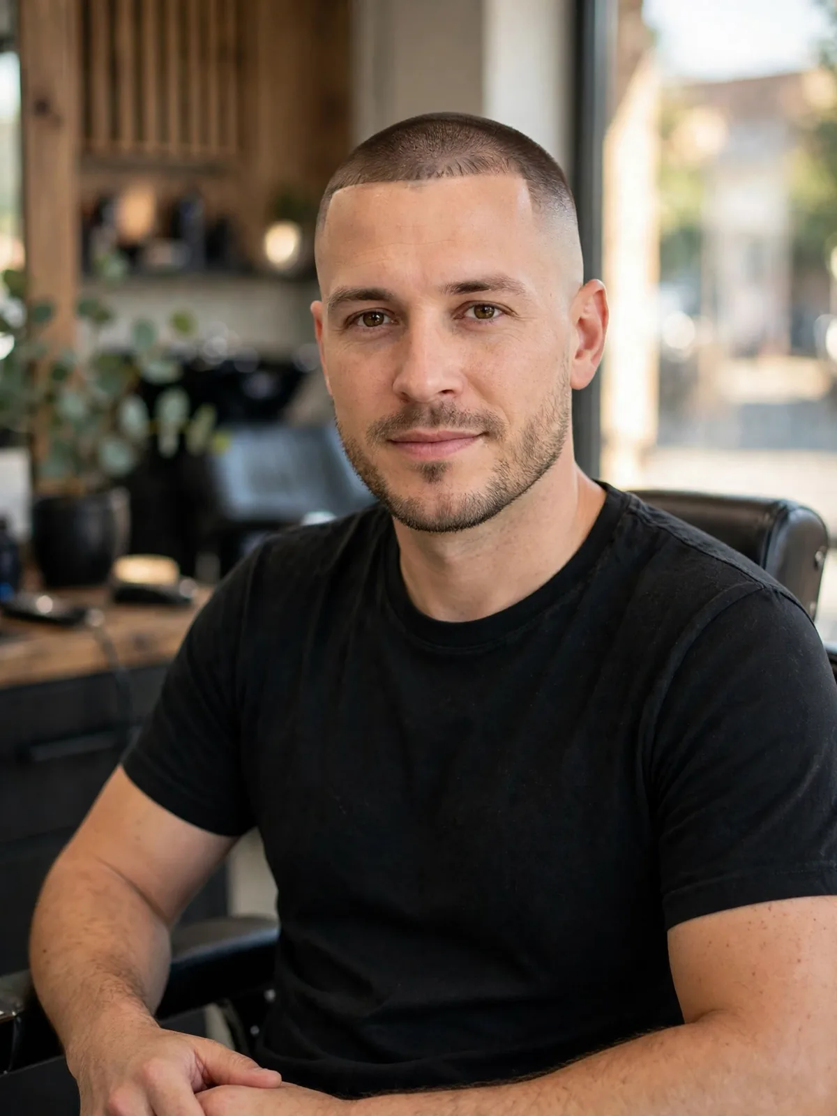 Buzz cut with shape-up and line-up haircut for men — crisp hairline, low fade