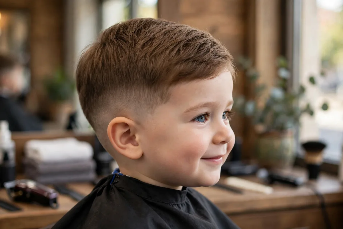 Toddler first fade haircut, gentle low fade on a young boy with soft neat top, baby friendly boys fade