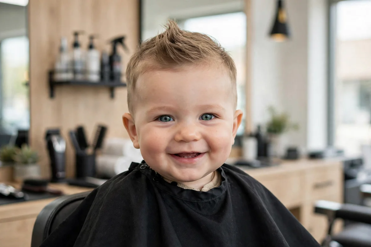 Baby boy with a gentle faux hawk haircut, soft faux hawk baby boy haircut for occasions
