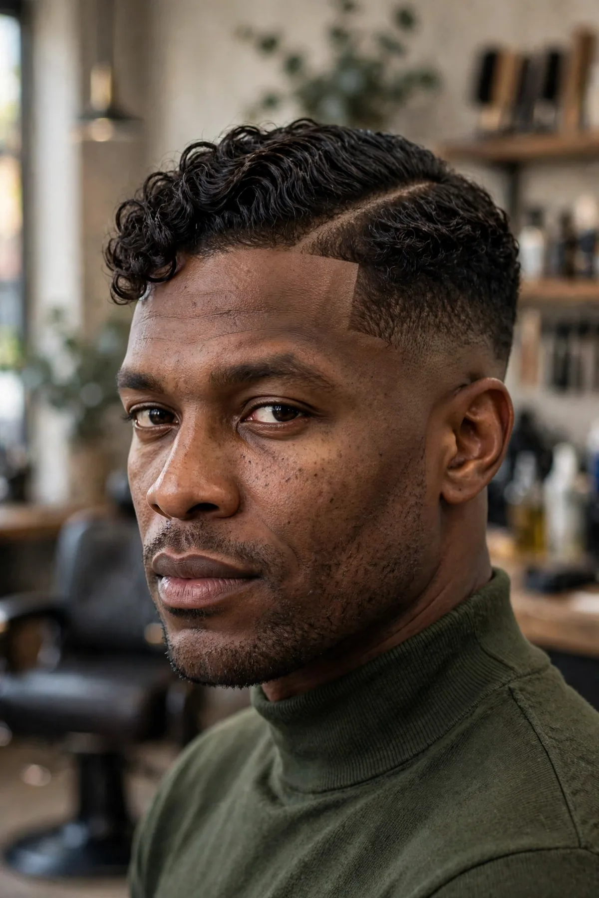 Curly side part fade haircut, defined side part with neat curls and classic fade