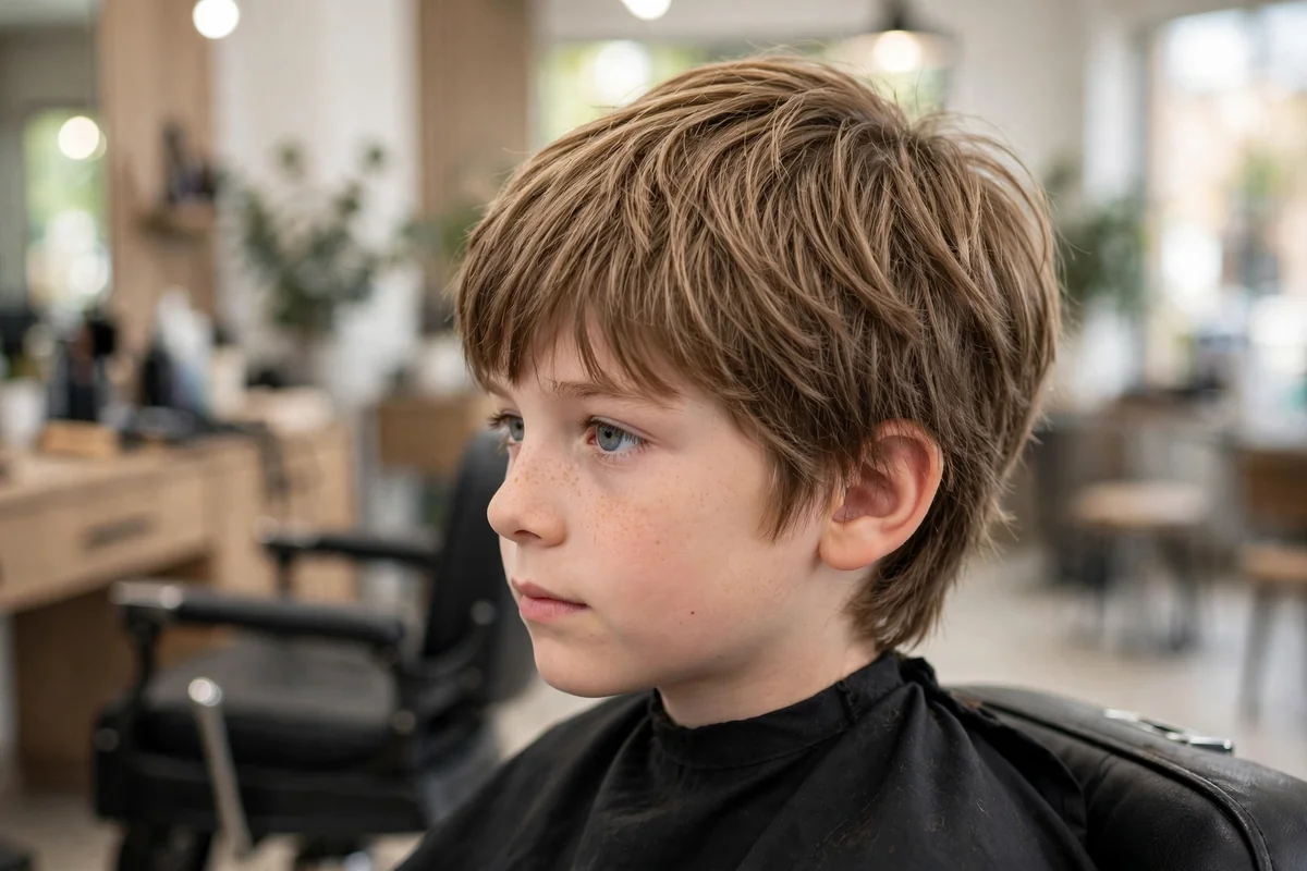Boy with a fine-hair shaggy haircut, short layers adding fullness and texture to thin hair