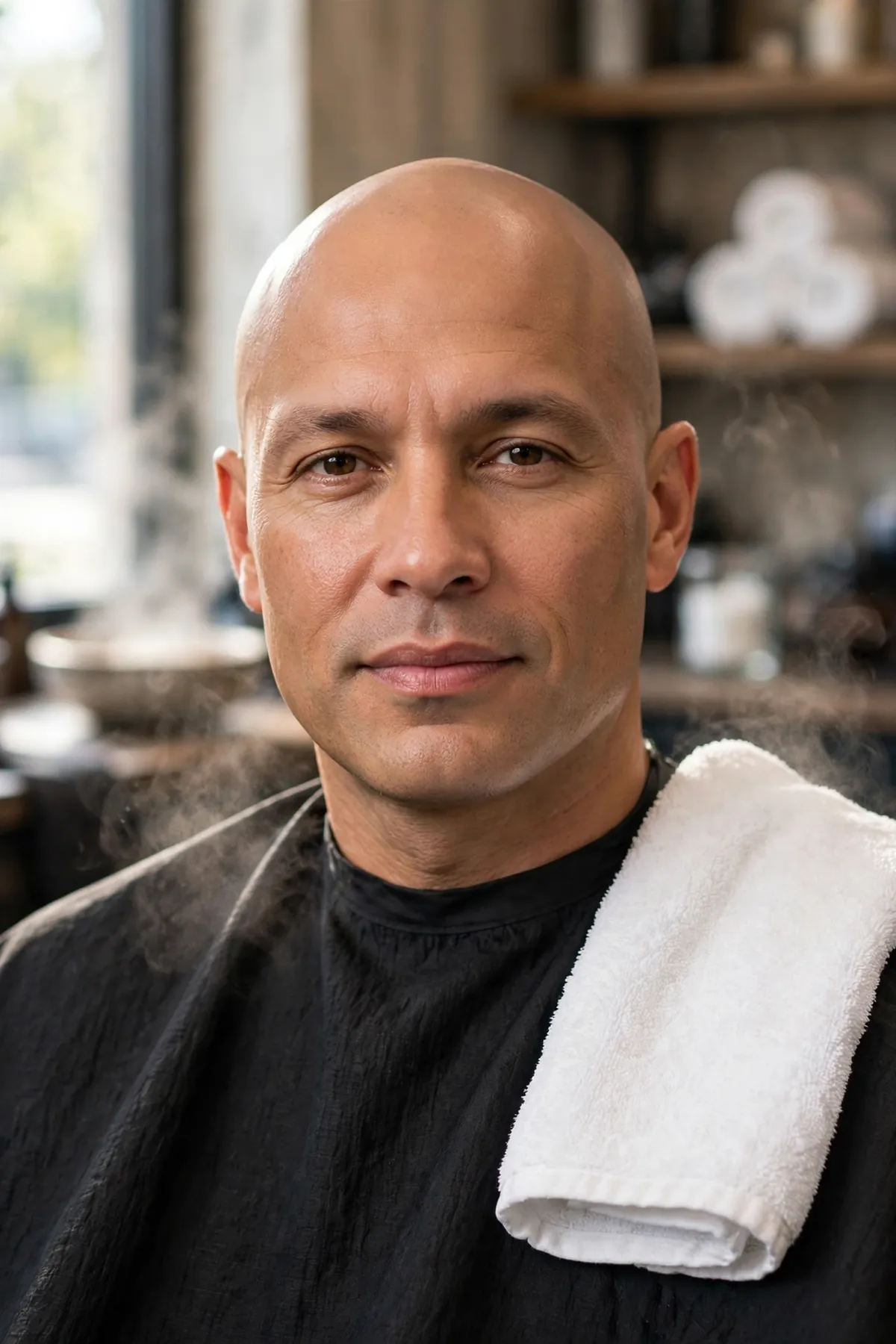 Clean head shave on bald man, confident shaved head haircut for advanced balding