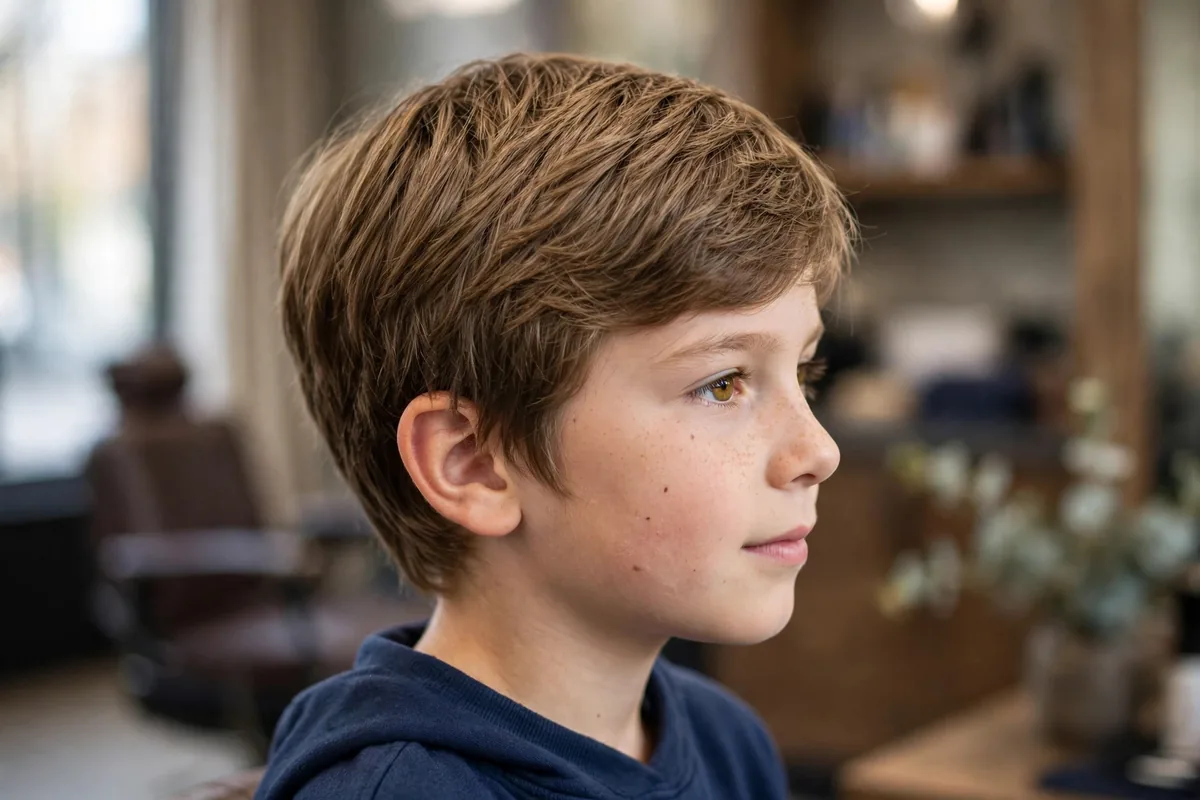 Photorealistic photo of a boy with a medium scissor cut, even medium-length hair cut entirely with scissors with soft natural layers, clean barbershop finish. A simple modern longer boy haircut.