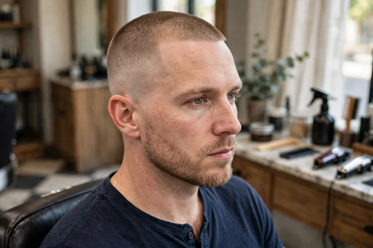 Buzz cut low skin fade haircut, even buzzed top, low fade to bare skin, military-sharp clean finish