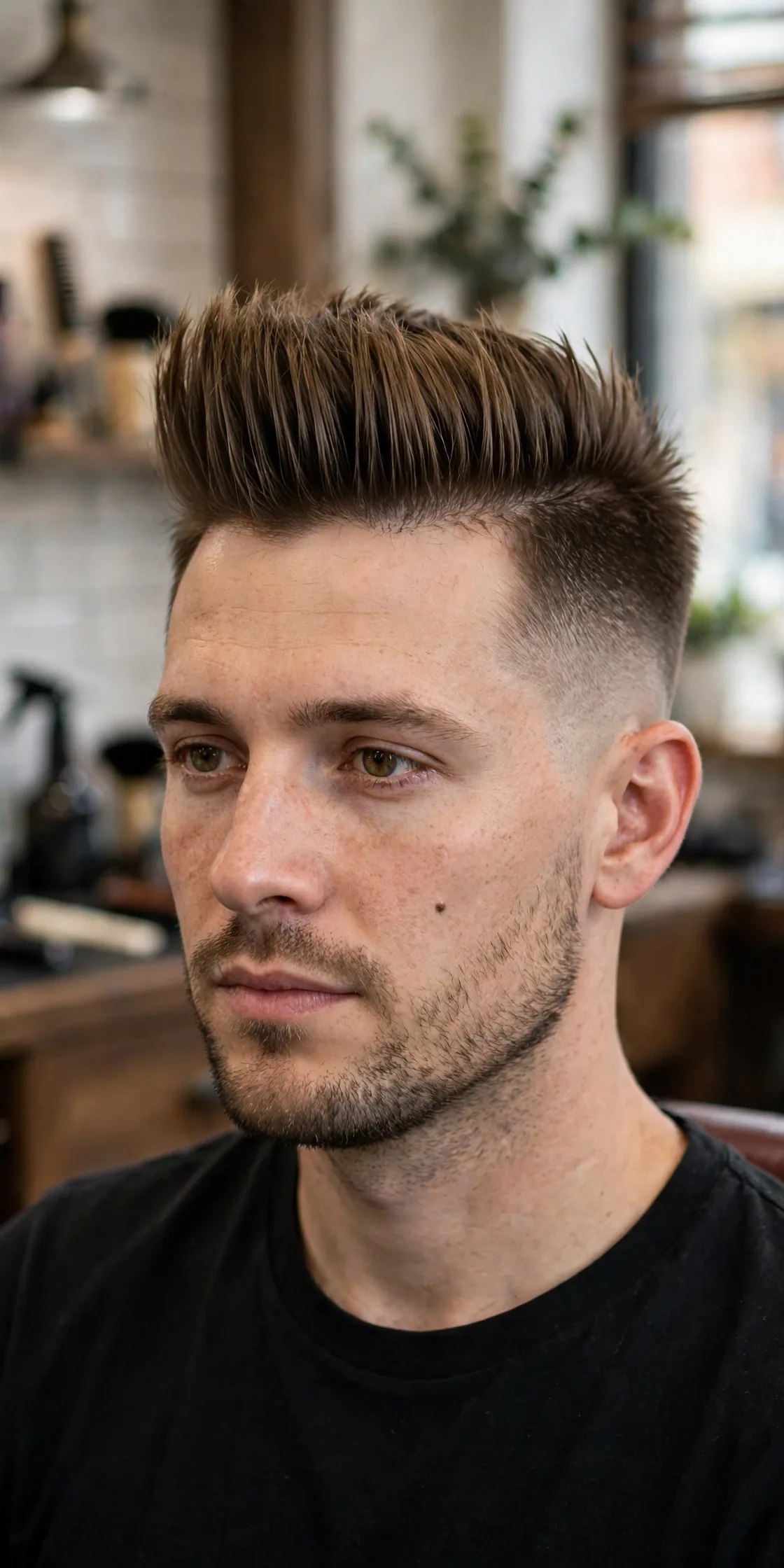 High top haircut on straight hair, tall lifted straight hair on top with faded sides on a man, barbershop photography