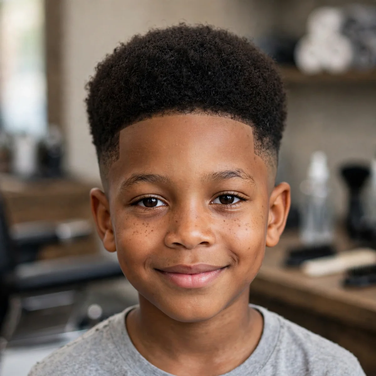Tapered afro kids fade haircut — rounded afro shape with faded sides