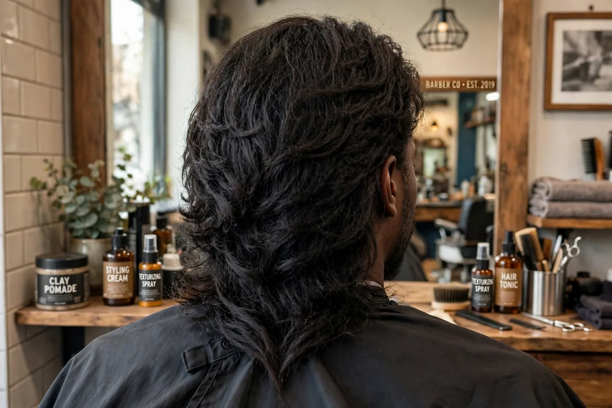 Long hair V haircut for men with flowing layers and V-shaped nape point