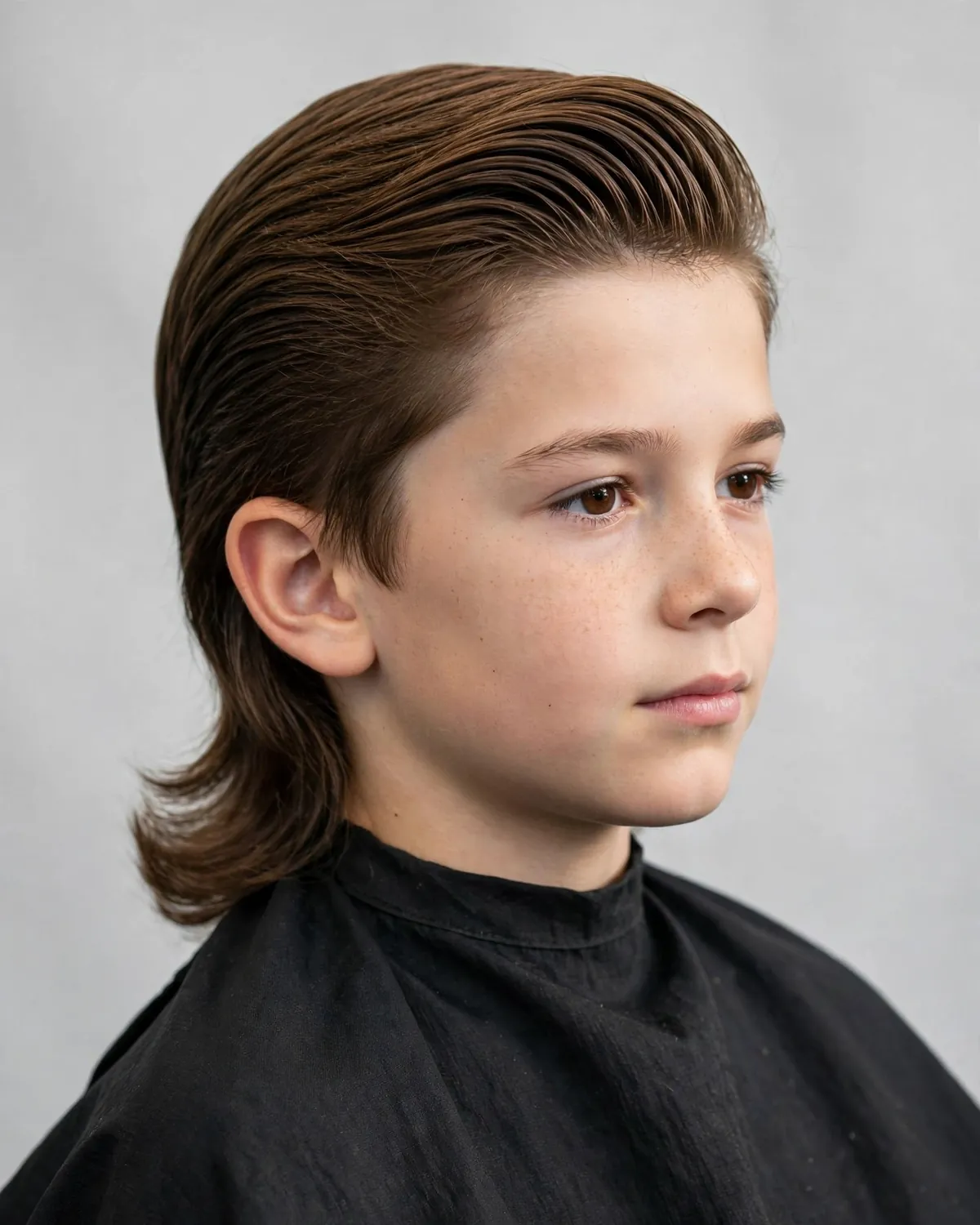 Flowing back boys mullet haircut photo — smooth 7-inch flowing back, neat top, tapered sides
