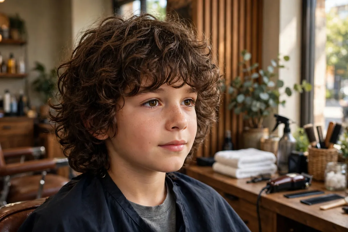 Boy with curly shoulder-length shag haircut, defined curls and layers