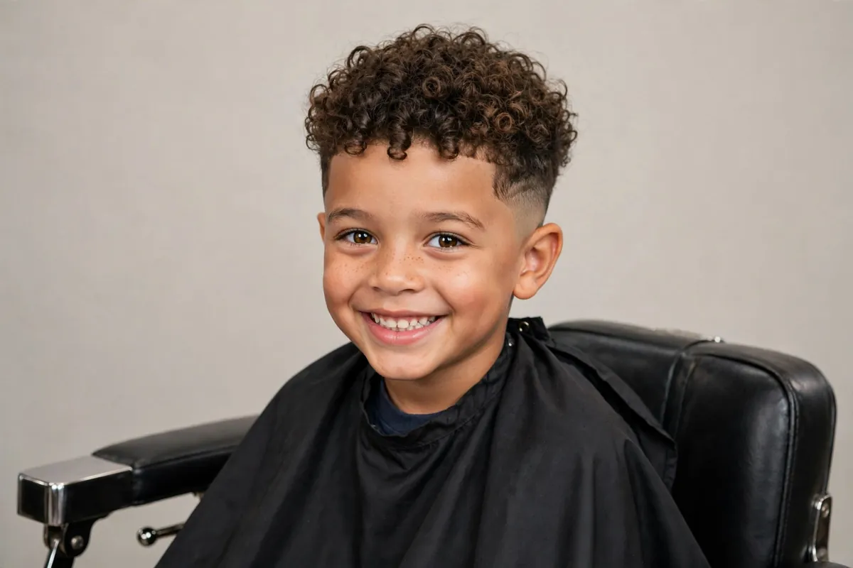 Boy with a curly top fade, defined curls on top with clean faded sides, a great curly kids haircut for boys
