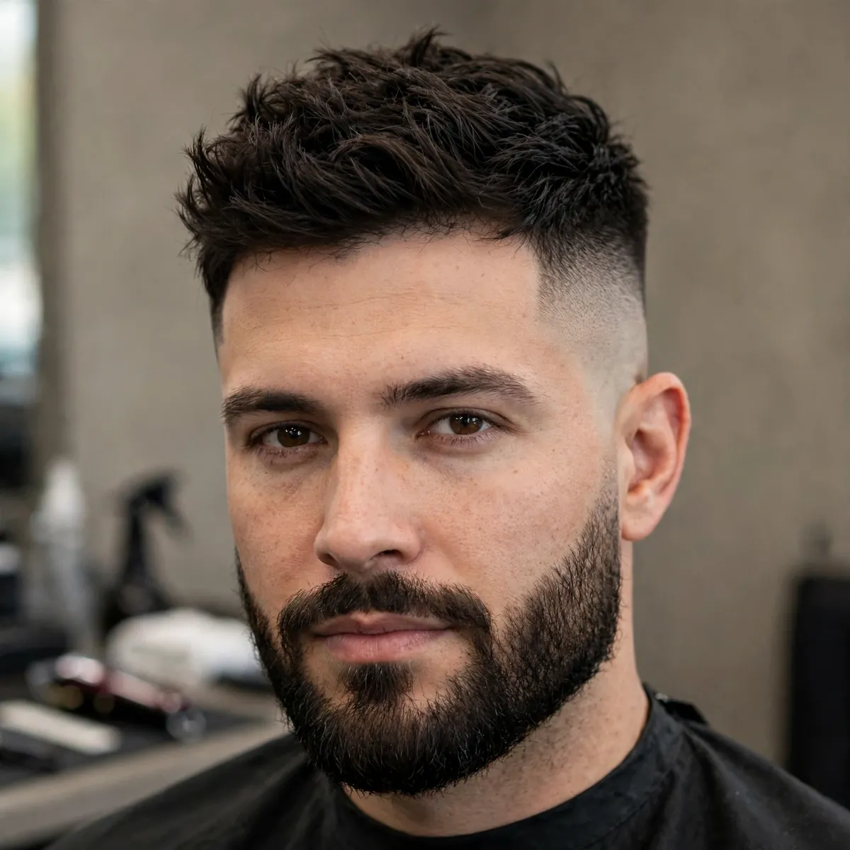 High skin fade with a full beard, textured top blending into neat facial hair