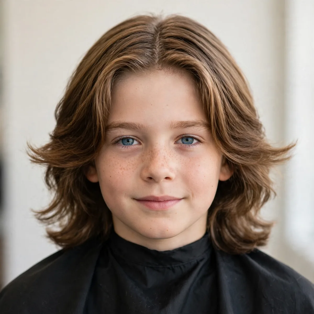 Middle part flow haircut on a 10 year old boy, a trendy curtain-style kids haircut