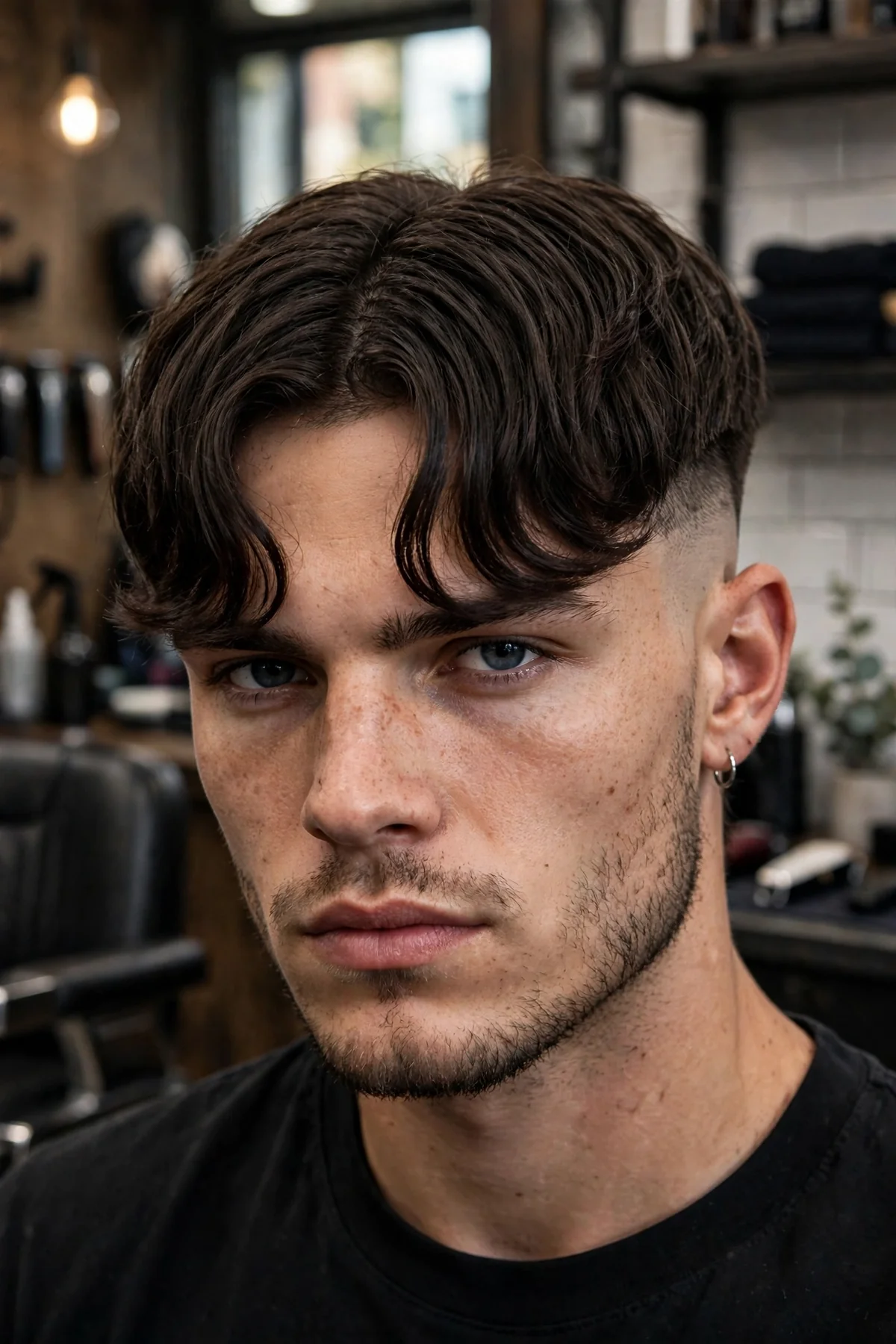 Curtain bangs haircut for men with a disconnected undercut and sharp contrast