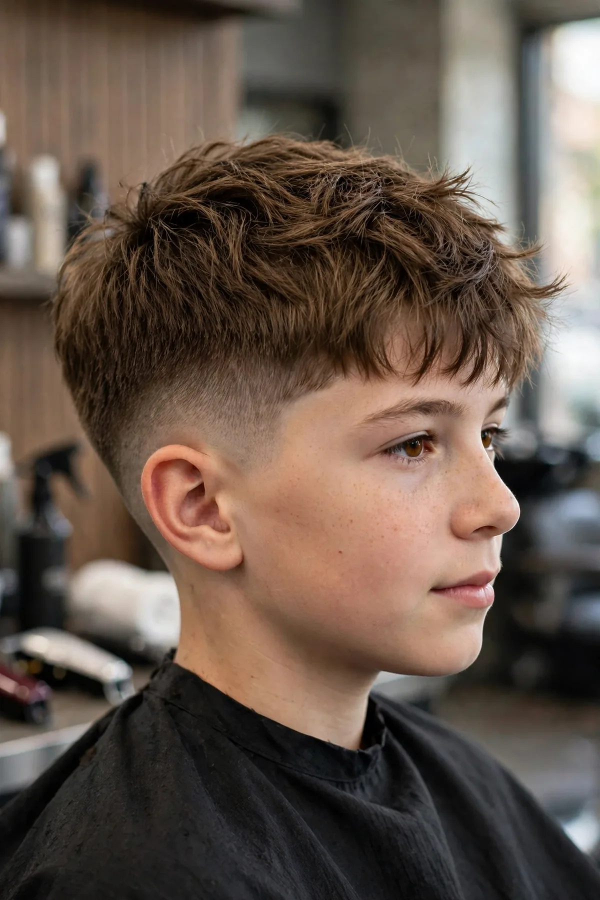 Tween textured fringe fade haircut, choppy fringe with mid faded sides for preteen boys