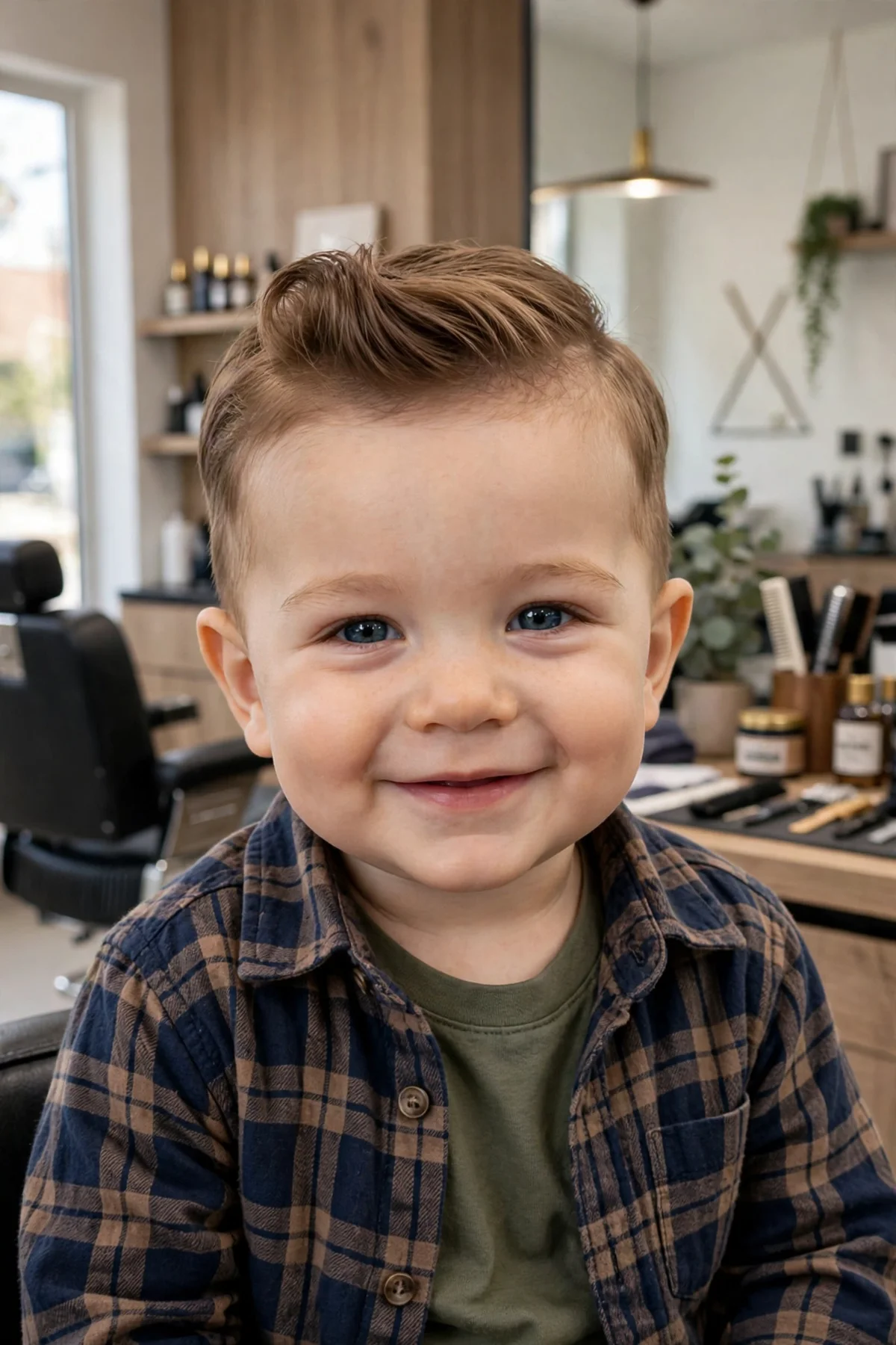 Baby boy with a mini pompadour haircut, small pomp baby boy hairstyle