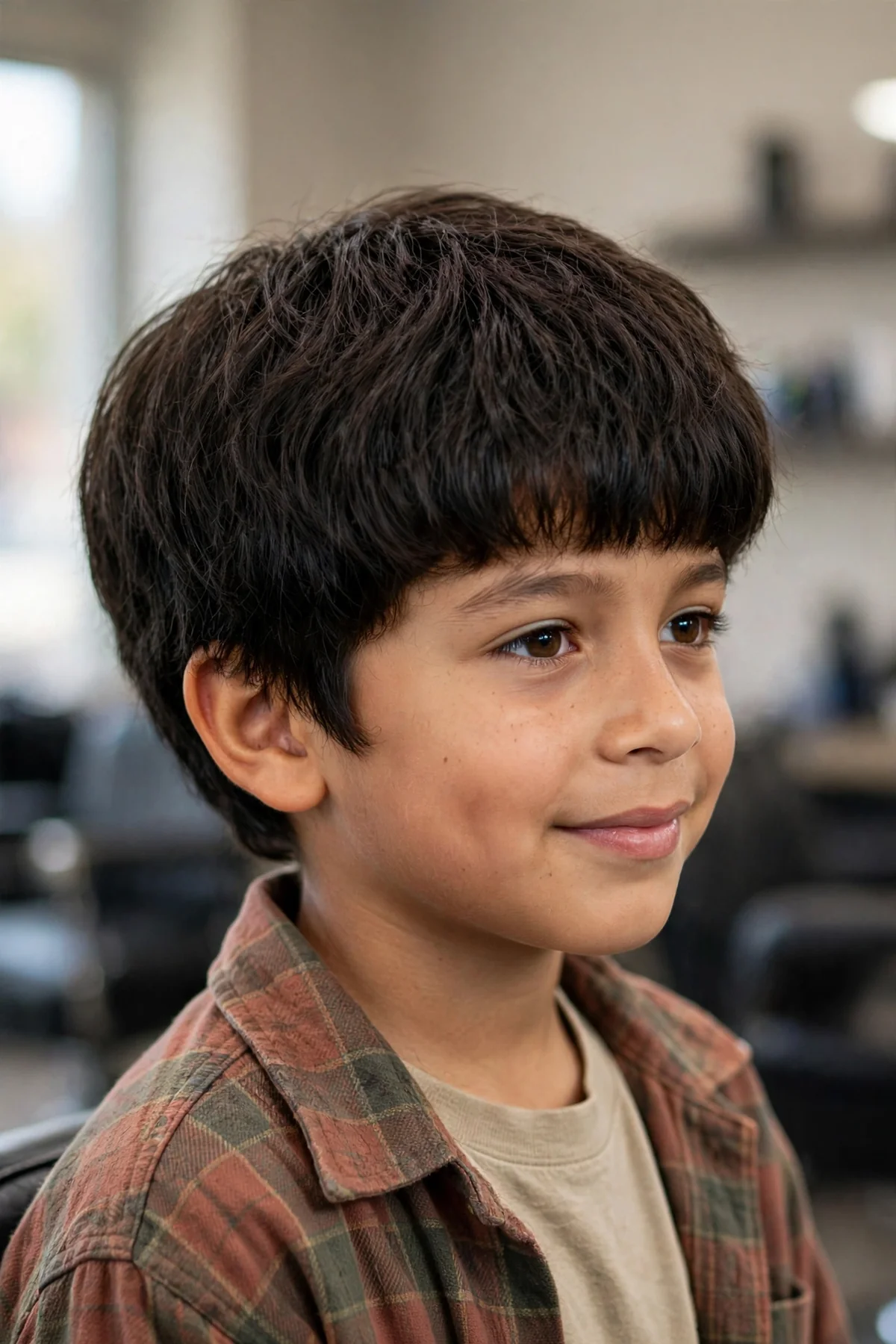 Boy with a modern textured 90s bowl cut, choppy ends instead of a blunt line — 90s boy haircuts