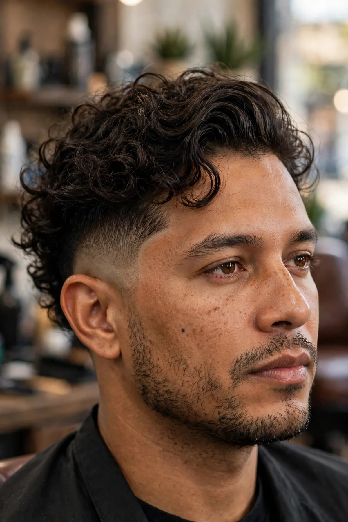 Curly comb-over fade haircut, longer curly top swept to one side with sharp fade
