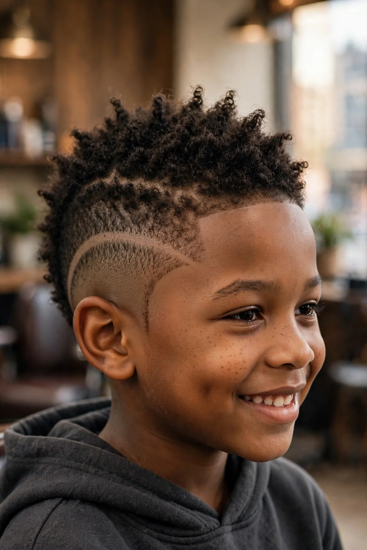 Black boy about 8 years old with a mohawk strip of curly hair and a burst taper curving around the ears