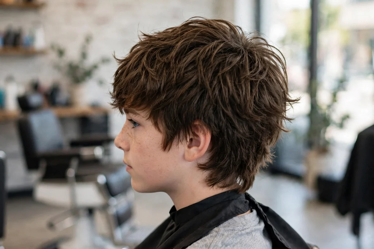 Boy with a thick-hair shaggy haircut, de-bulked layers keeping heavy hair light and movable