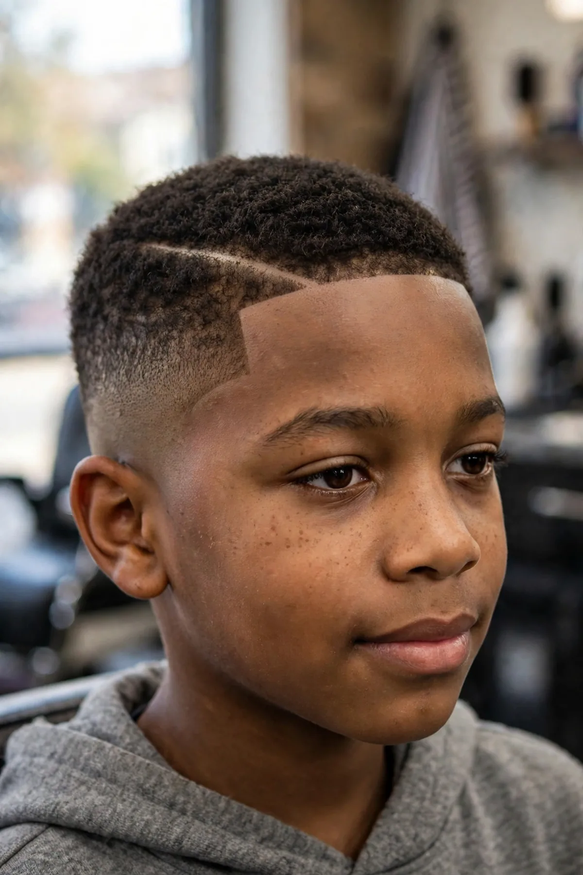 Boy with a short crop and hard part fade haircut for boys — short crop top with a shaved part line and faded sides