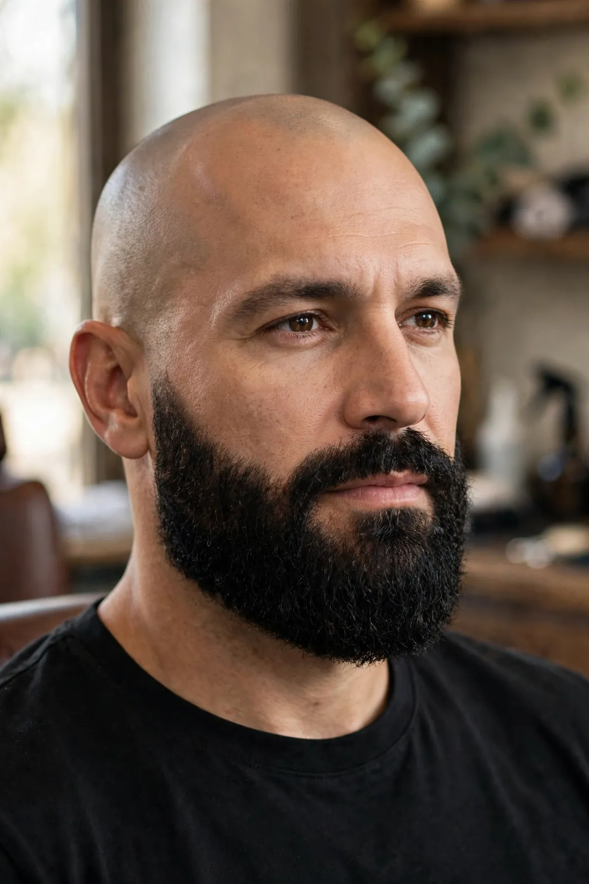 Shaved head with full beard for balding men, bald with beard pairing balancing the face