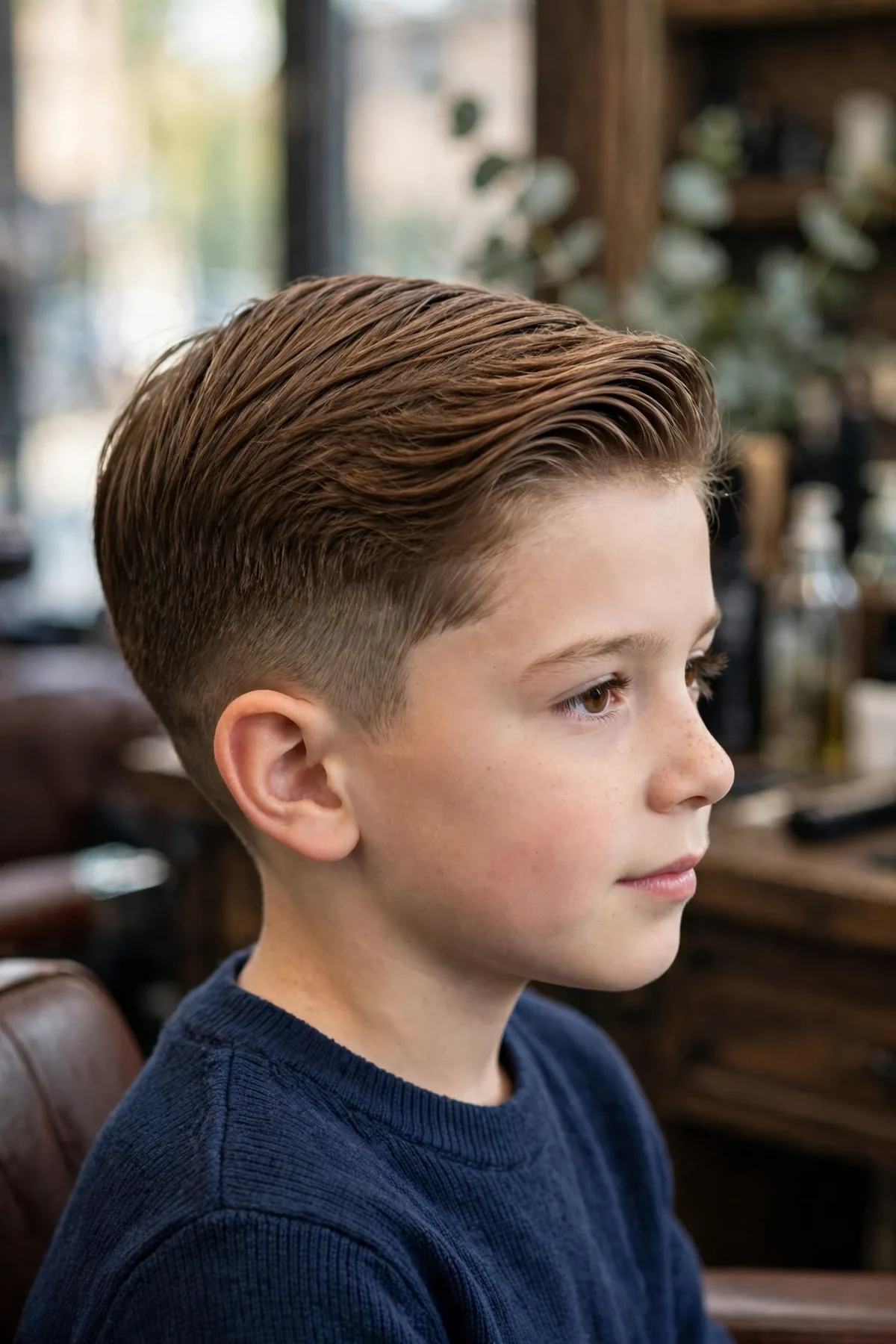 Photorealistic photo of a boy with a neat longer comb-over, longer hair combed smoothly to one side with tidy blended sides, polished school-ready barbershop styling. A classic longer haircut for boys.