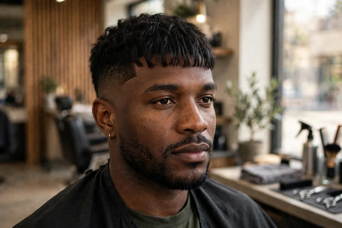 Short forward fringe low skin fade haircut, hair pushed forward into a fringe, low fade to skin around the ears