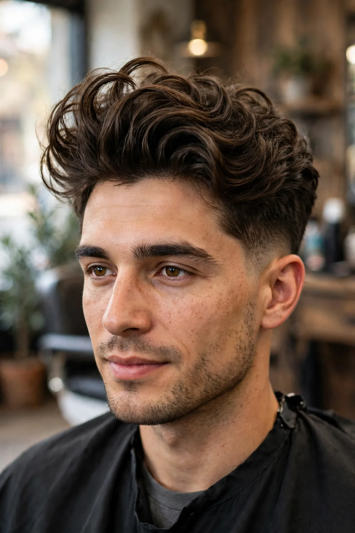 Wavy high top haircut, tall wavy hair swept upward with tapered sides, barbershop photography