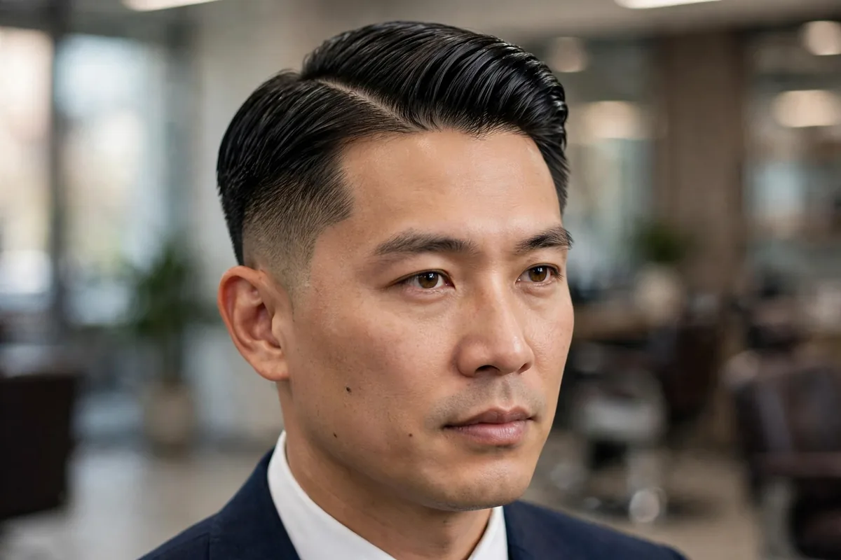 Boardroom side part old money haircut — sharp professional side part for the office