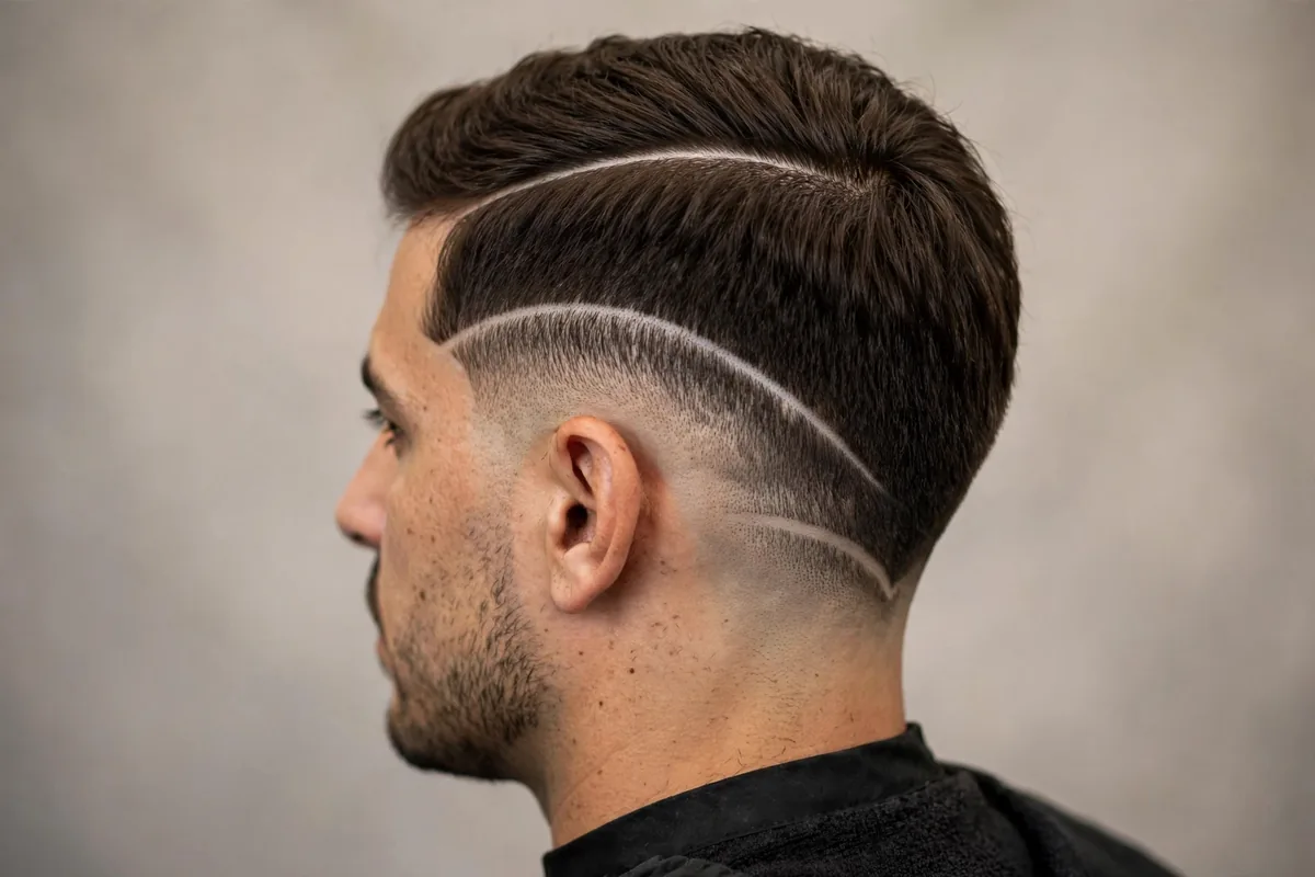 Mid drop fade haircut with hard part shaved line, sharp barbershop photo