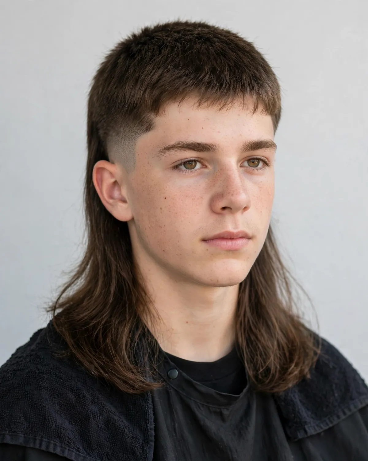 Shoulder-length boys mullet haircut photo — long hair past shoulders, layered top, full shape