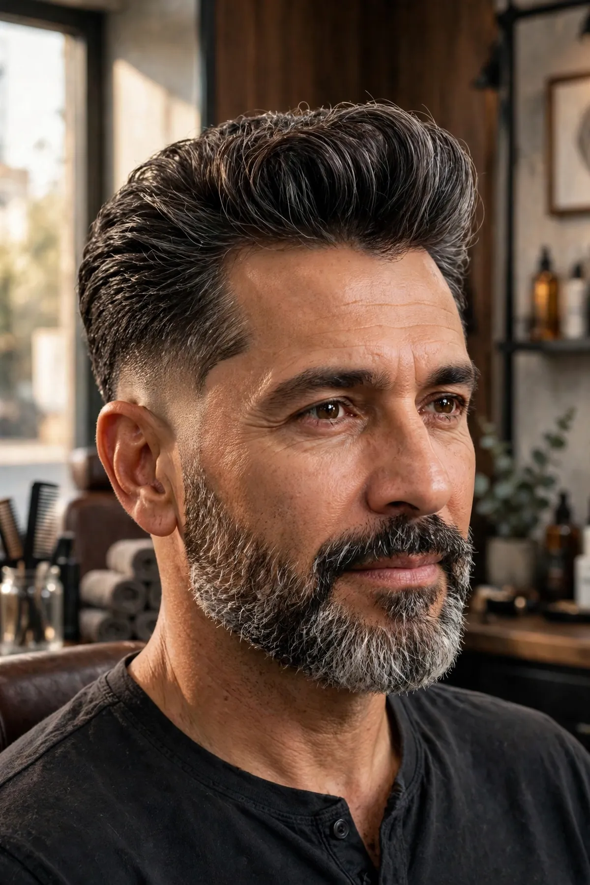 Bearded older man with pompadour haircut and drop fade curving into beard