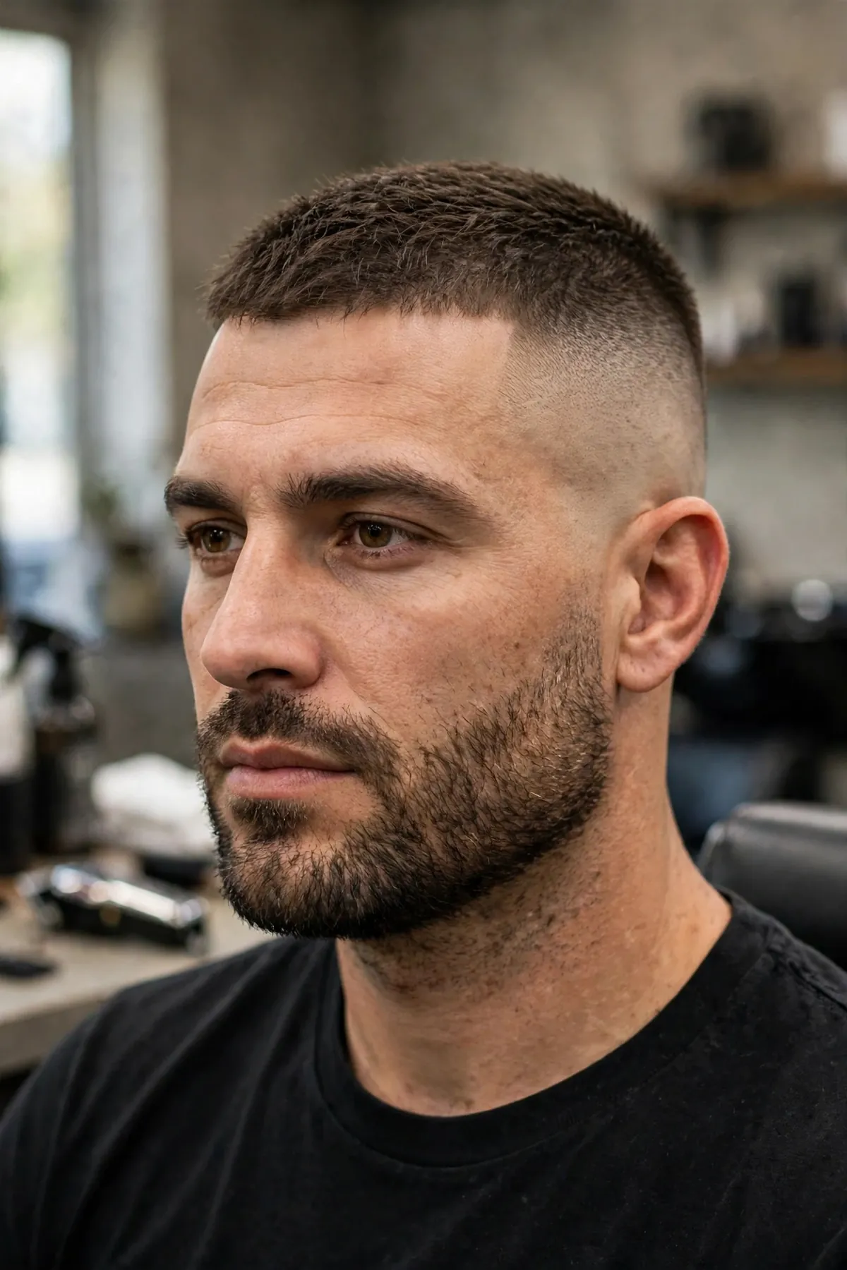 High skin fade with heavy stubble, short top and rugged faded sides