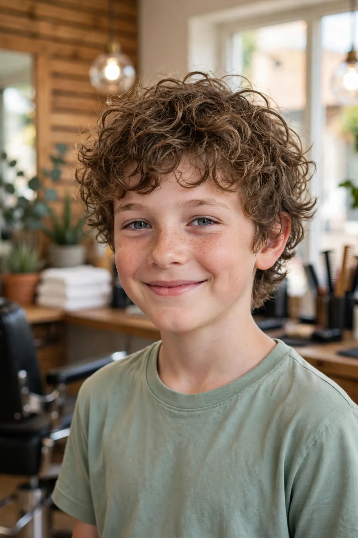 Boy with messy medium-length curls, free natural curls at medium length, a cute boy haircut for curly hair