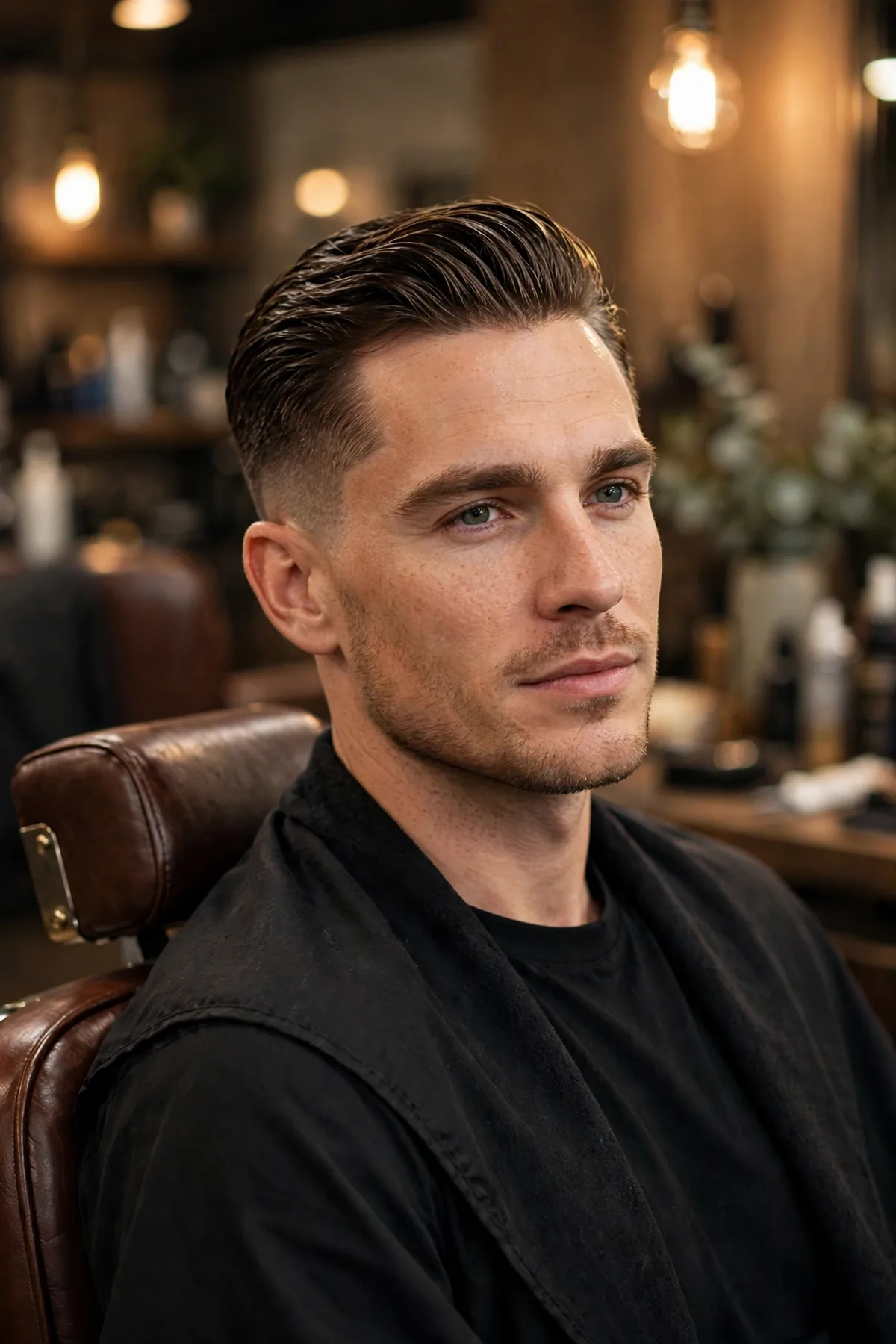 Short slick back taper fade haircut — short slicked-back top with tapered faded sides, smooth confident style