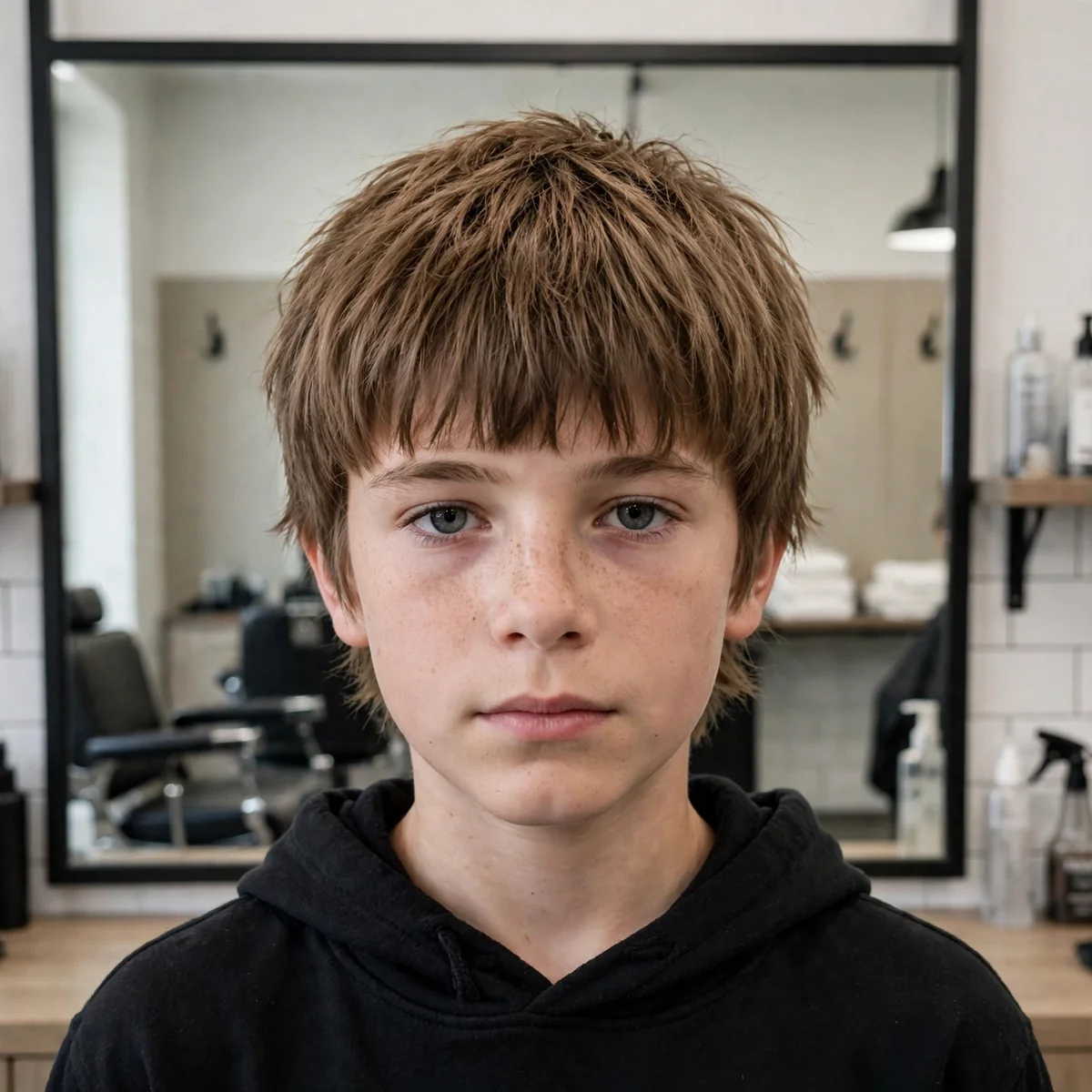 Boy with a straight-hair shaggy haircut, razor-cut layers adding texture to smooth straight hair