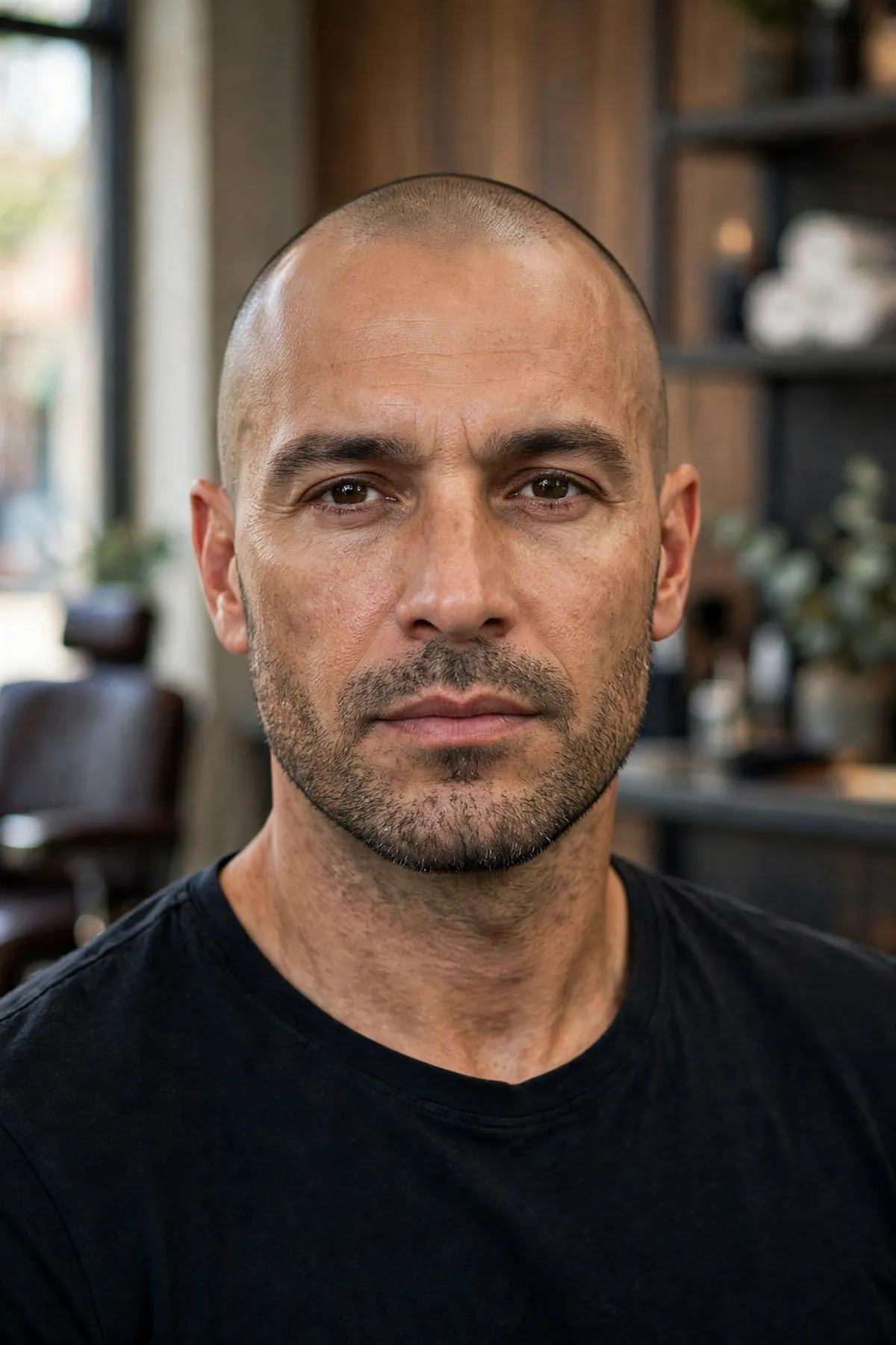 Shaved head with light stubble beard, rugged balding men style with short facial hair