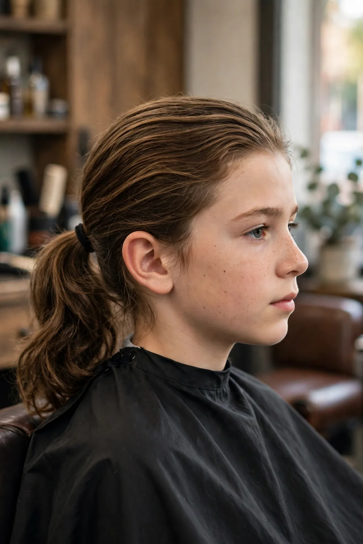 Photorealistic photo of a boy with a tied-back longer cut, medium-long hair pulled back into a neat low tie with clean shaped layers, tidy modern barbershop look. A practical longer boys hairstyle.