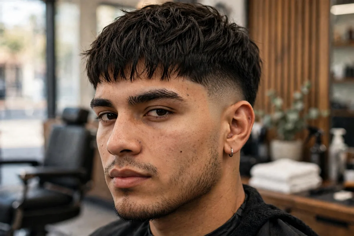 Textured short fringe low skin fade haircut, choppy piecey fringe, low skin fade framing the sides, modern look