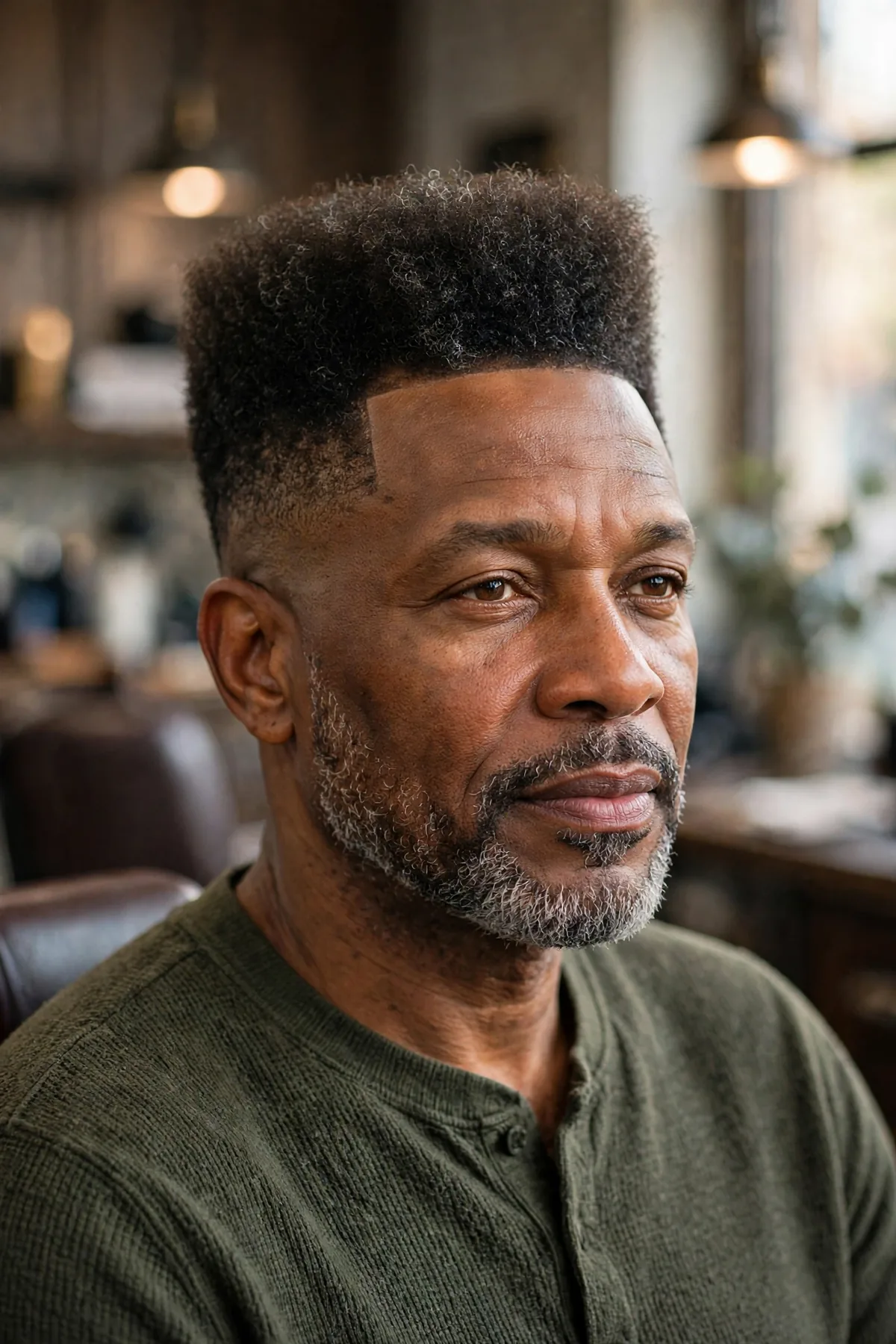 Mature high top haircut on an older man, neat tall top with faded sides and a well-groomed look, barbershop photography