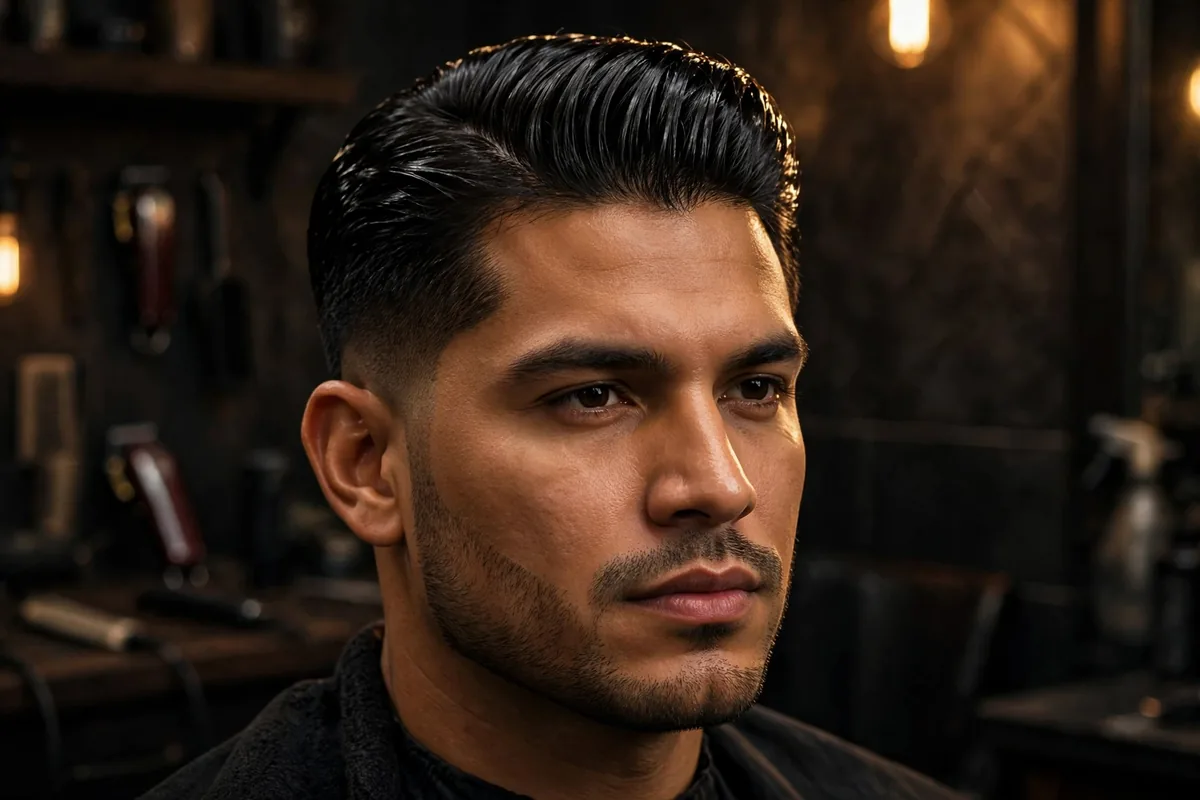 Evening high-shine slick-back old money haircut men — polished glossy finish for nights out
