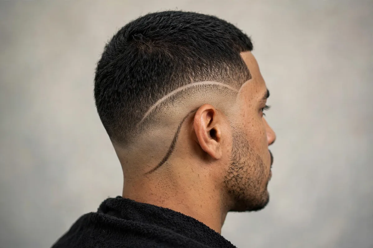 Mid drop fade haircut with shaved hair design line art on the side